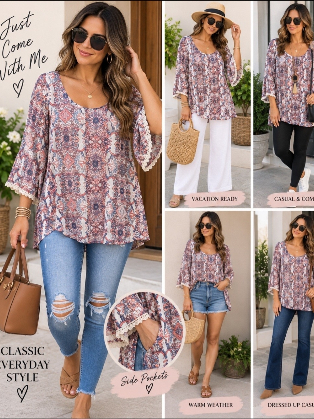 *Xhilaration Pink Multi Printed Scoop-Neck Tunic with Lace Trim Pit 18 LENGTH 35